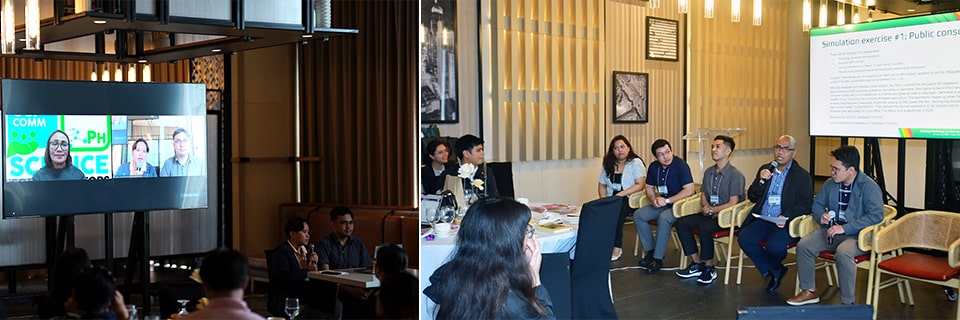 Participants engage actively in the simulation exercises, such as managing difficult, misleading, and sensational questions during live interviews (left) and handling public consultations (right).