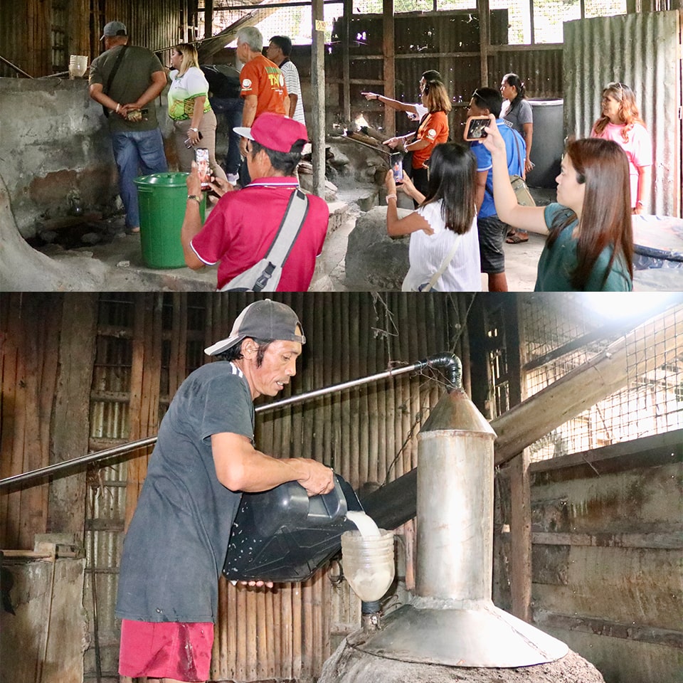 (Top) Participants tour a farm in Macalelon, Quezon and (bottom) witness the preliminary processing of coconut sap (tuba) for lambanog production.