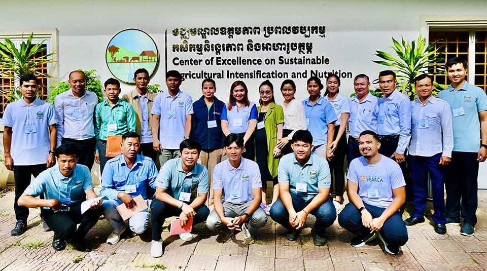 Participants and facilitators, along with Ms. Anna Gale Vallez, Program Specialist, and Mr. Antonio Flores II of FarmLab, during the training of trainers on Sustainable Food Production and Basic Food Processing held at the CE SAIN Office in Phnom Penh, Cambodia.