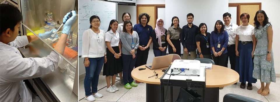 (L-R) UC Student Travel Grantees Mohammad Mirza Nuryady from UGM conducting research at Tokyo University of Agriculture and Azilah Binti Abdul Malek from UPM presentation of research project: Transmission of Bunya-like Virus and Chequa inflavirus from Red Claw Crayfish to White Shrimp and Taura Syndrome Virus from White Shrimp to Red Claw Crayfish in Mahidol University, Thailand.