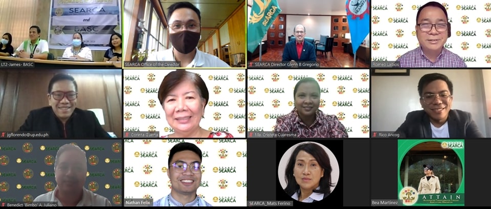 The MOU signing was witnessed by (clockwise from top left): Dr. Susan C. Santos, Vice President for Research, Extension, Production and Development; Dr. Herminio B. Giron, Vice President for Administrative, Finance, Planning and Business Affairs; Dr. Julita P. Mendoza, Dean of the College of Agriculture, all of BASC while the SEARCA delegation was comprised of Mr. Sonny P. Pasiona, Senior Communications Associate; Dr. Romeo V. Labios, Operations Consultant for Partnerships; Dr. Rico C. Ancog, Operations Consultant for Emerging Innovation for Growth; Ms. Beatrisa L. Martinez, SEARCA Executive Coordinator to the Director; Ms. Maria Teresa B. Ferino, Senior Administrative Associate; Mr. Nathan P. Felix, Senior Public Relations Associate; Mr. Benedict A. Juliano, Unit Head for Applied Knowledge and Resources Unit; Mr. Joselito G. Florendo, SEARCA Deputy Director for Administration; (center from left) Ms. Corinta C. Guerta, Technical Advisor to the Director; and Dr. Maria Cristeta N. Cuaresma, Program Head for Education and Collective Learning Department.