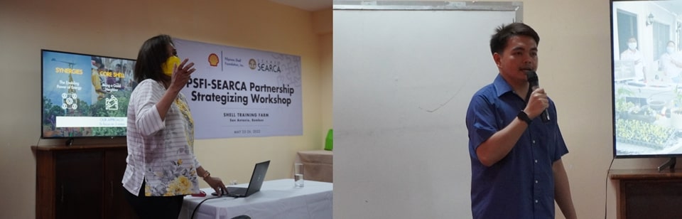 Ms. Maria Pamela S. Castro (left), PSFI Program Manager for Agriculture and Livelihood, and Mr. Pajee Ferc J. Salcedo, PSFI Research and Development Officer, facilitate the partnership strategizing workshop.