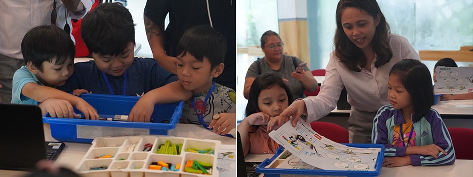 The students experience hands-on learning on agri-robotics using a LEGO robotics kit at the SHARING Café.