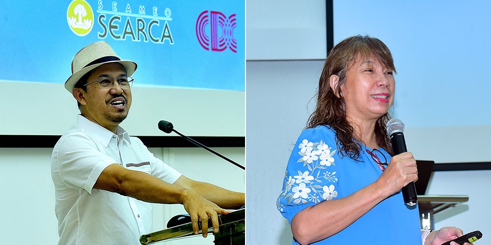 Dr. Glenn Gregorio (left), Center Director, and Dr. Ma. Stella Tirol (right), Dean, UPLB College of Development Communication, welcome participants to the training course.