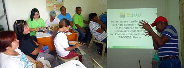 The members of Sitio Sapang Kubo Primary Multi-Purpose Cooperative during their special General Assembly on 12 August 2014 in Sitio Sapang Kubo, Sta. Rosa, Nueva Ecija. Prof. Williams (right) presents the outputs delivered by the SEARCA project team.