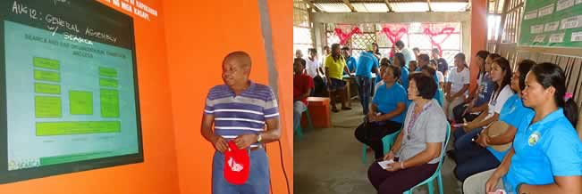 Prof. Williams (left) presents the outputs delivered by the SEARCA project team before the members of Masaganang Buhay Multi-Purpose Cooperative during the special General Assembly on 12 August 2014 in Sta. Rosario Old, Zaragosa, Nueva Ecija.