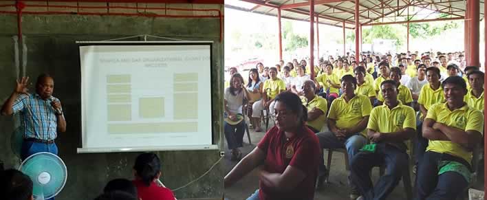 Prof. Jimmy Williams (left), Project Team Leader for DAR ARCCESS Nueva Ecija, presents the outputs delivered by the SEARCA project team before the members of Barangay Aquino Development Cooperative during their regular General Assembly on 31 July 2014 in Brgy. Aquino, Licab, Nueva Ecija, Philippines.