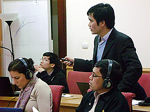 Dr. Tran Cong Thang, SEARCA National Team Leader for Vietnam, presents the project background and objectives (standing). Ms. Myriam Fernando, GAP-CC Senior Advisor; and Dr. Felino P. Lansigan, SEARCA Regional Agricultural Value Chain/Climate Resilience Expert cum Team Leader (seated).