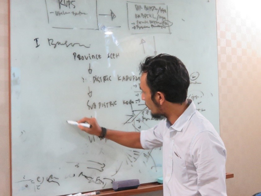 Mr. Taufik Abdullah, Officer of Rumoh Transparansi explains the organizational structure of the ethnic group, Mukim, during his presentation of project accomplishments