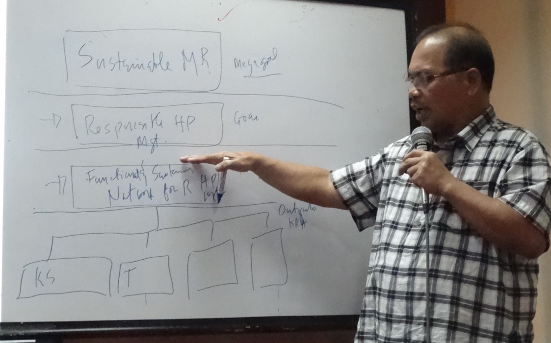 Prof. Wilfredo B. Carada, Technical Coordinator and Lead Resource Person, explains relationships between goals, impacts and outcomes in ISARD