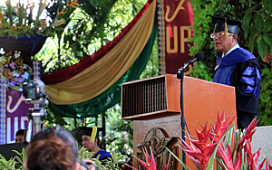 Dr. Chamnian Yosraj (SEARCA alumni MS/PhD Animal Science, UPLB) addresses the graduating class of 2016 during UPLB graduate school recognition rites