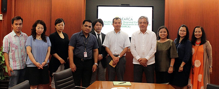  Dr. Saguiguit (fourth from the right), together with the SEARCA Program Heads, received the delegation from the Kyoto University composed of Mr. John Lambino (fifth from right), Mr. Yusuke Abai (fifth from left), and Ms. Yuko Amai (second from left), all from the Graduate School of Economics of Kyoto University, and Dr. Ayako Fujieda of Kyoto University – ASEAN Center (third from left). They were accompanied by Dr. Jose V. Camacho, Dean of the UPLB Graduate School (fourth from left), and Mr. Marvin U. Herrera, Professors at the UPLB Institute of Mathematical Sciences and Physics (IMSP) (leftmost).