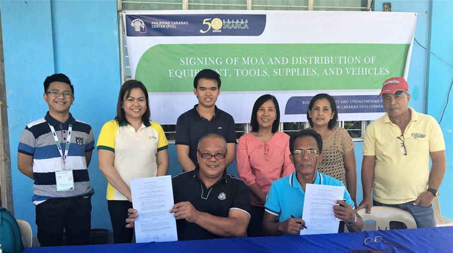 Standing (L-R): Mr. Zadieshar Sanchez , Administrative Officer V, PCC National Headquarters; Ms. Nancy Landicho, SEARCA Program Specialist; Mr. Micko Roa Dela Cruz, Manager, NEFEDCCO; Ms. Wilma Del Rosario, NIZ Coordinator; Ms. Rebecca Bacolor, BOD, NEFEDCCO; and Mr. Restituto Villaviza, BOD, NEFEDCCO. | Seated (L-R): Mr. Gerardo Delos Santos, Chairman; and Mr. Crispin Barcancel, Vice-Chairman, all of NEFEDCCO.